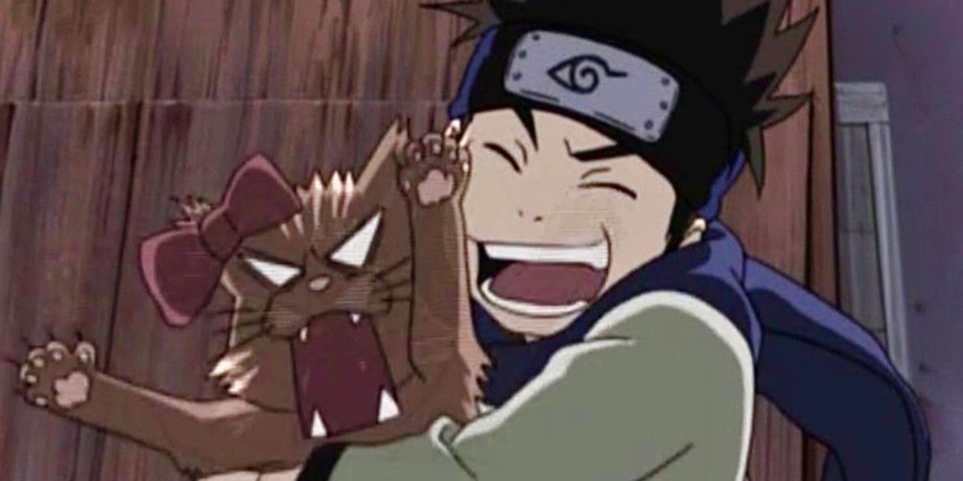 Konohamaru happily hugging an angry cat Naruto