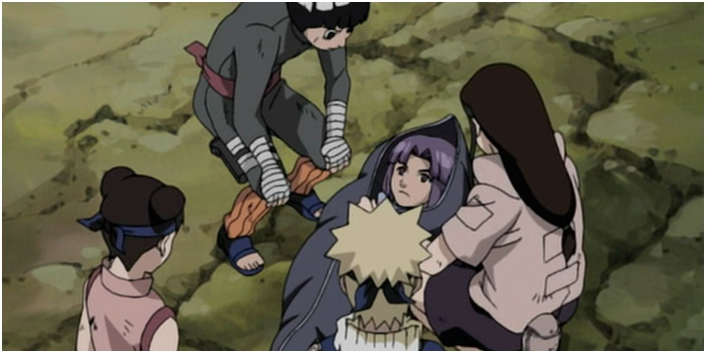 Naruto and Team 8 surrounding a person in a body bag
