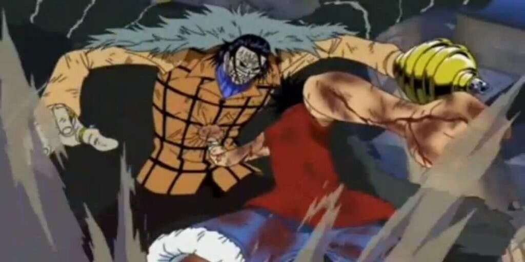 Luffy covered in blood punching crocodile