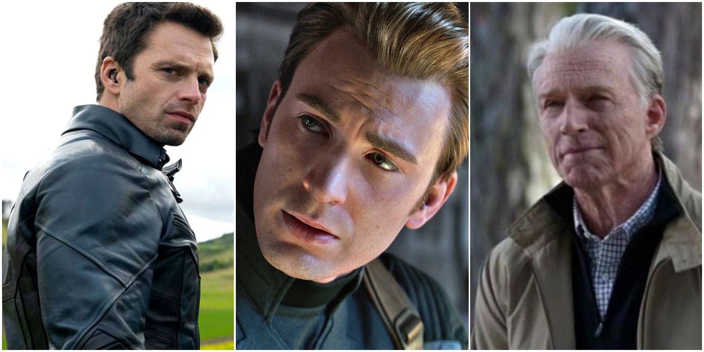 a photo collage of bucky barnes, steve rogers, and old steve rogers