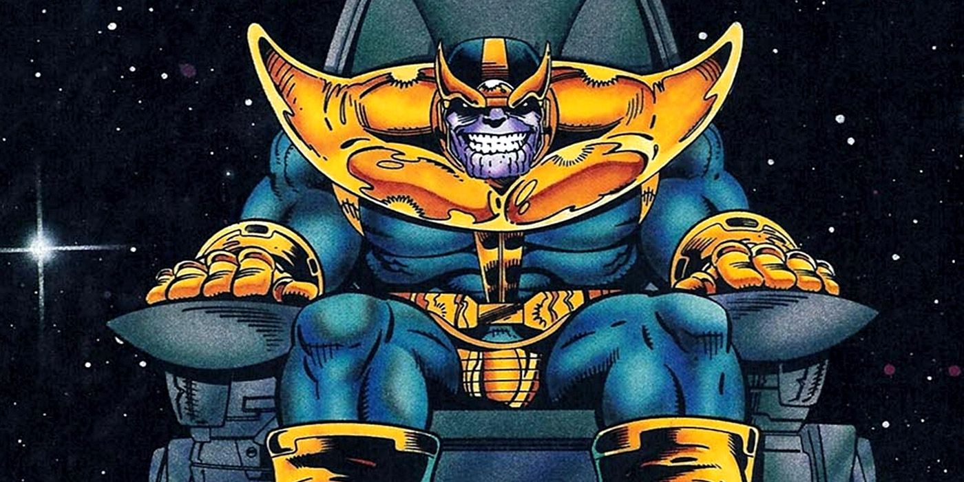 Thanos leaning forward on a throne
