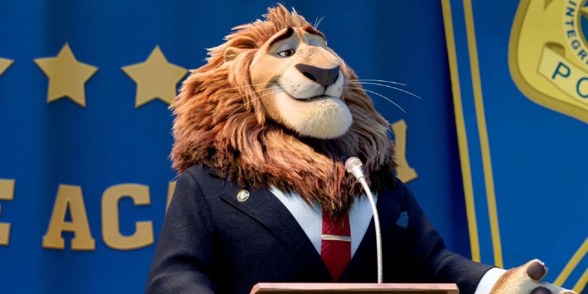 Mayor Lionheart gives a speech in Zootopia
