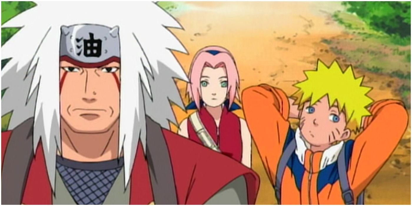 Jiraiya, Naruto, and Sakura on the road