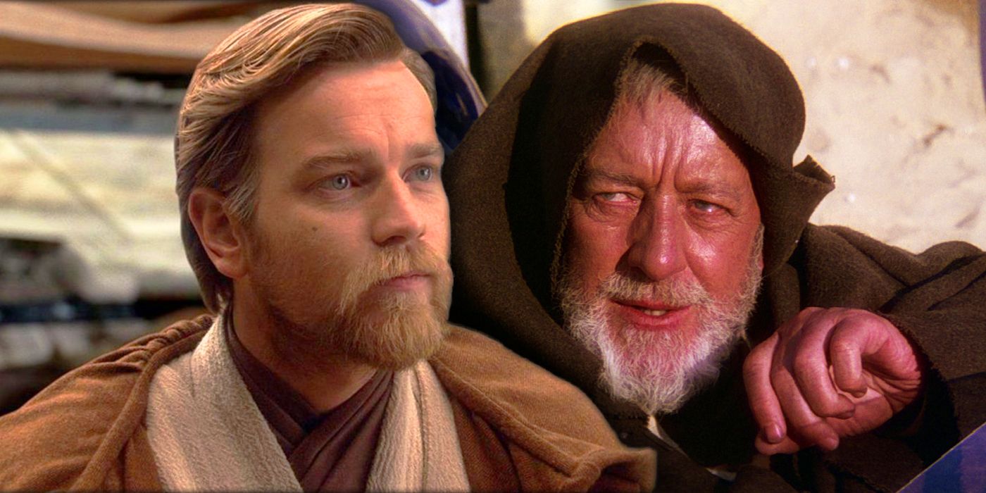 A composite image of Obi-Wan Kenobi in Star Wars Prequel Trilogy and Ben Kenobi in A New Hope