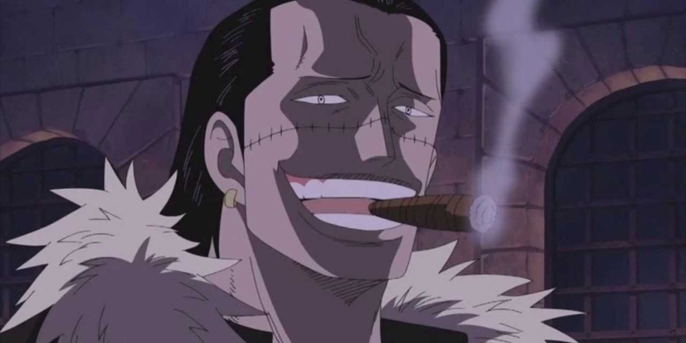 A One Piece still has Crocodile the Warlord smiling while smoking a cigar