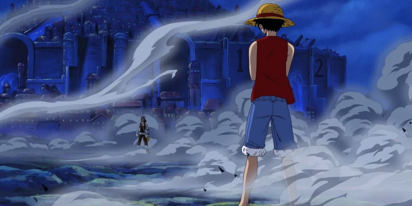 A standoff between Luffy and Usopp in One Piece.