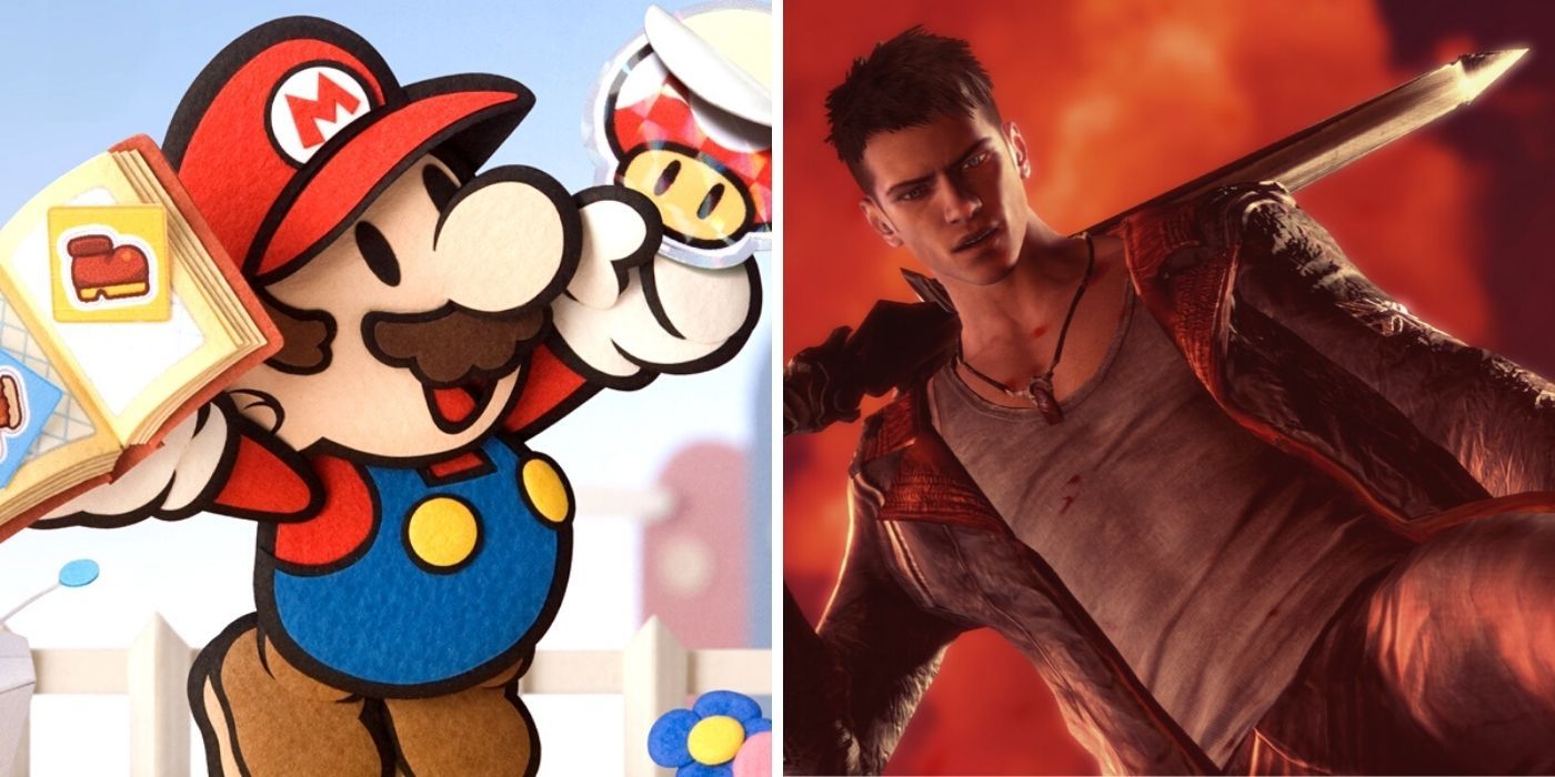 A split image of paper mario and dante from DMC Devil May Cry