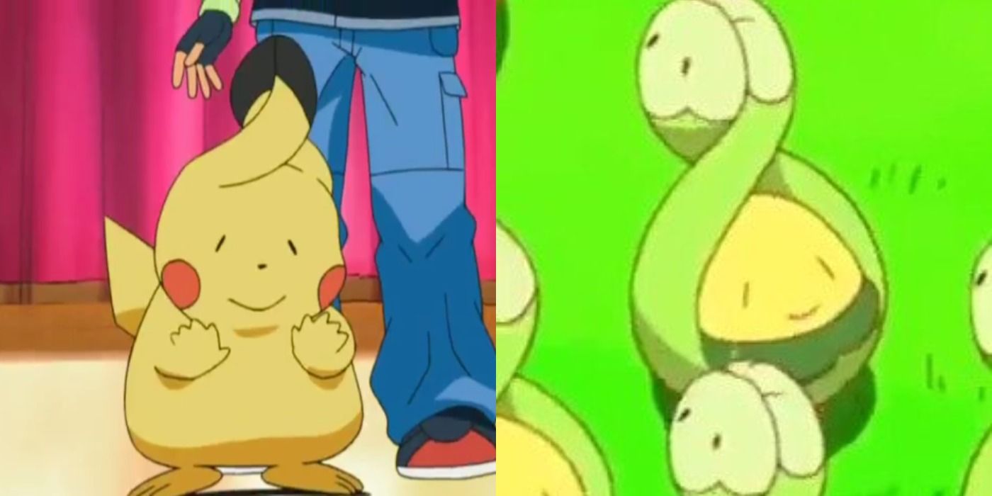 An image of Pikachu imitating a Budew next to an image of an actual Budew.