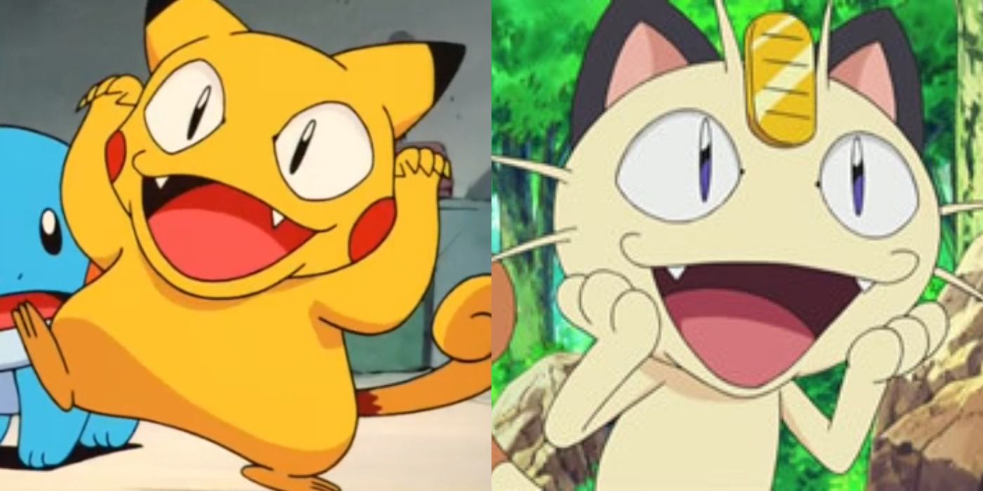 An image Pikachu imitating Team Rocket's Meowth next to an actual image of Team Rocket's Meowth.