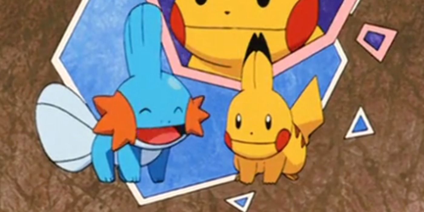 An image of Pikachu imitating Mudkip next to an actual Mudkip.