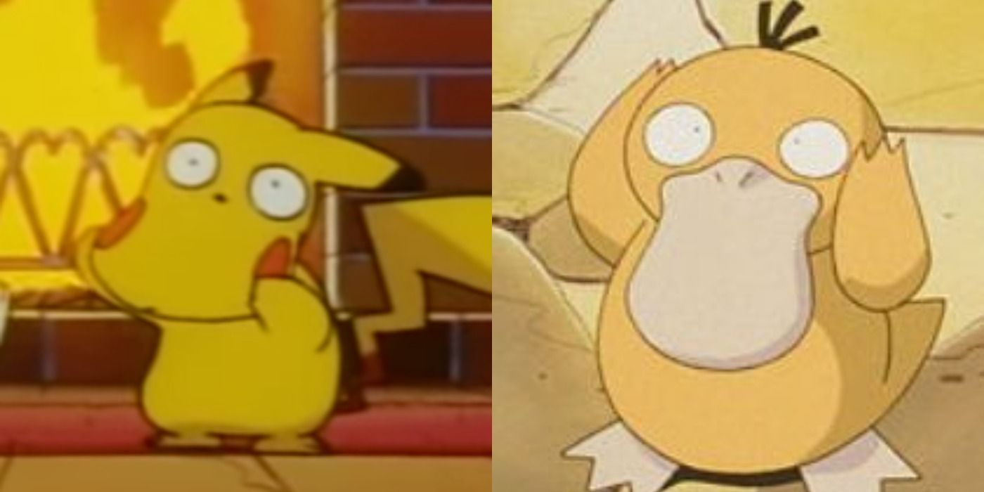 An image of Pikachu imitating Misty's Psyduck next to an actual image of Misty's Psyduck.