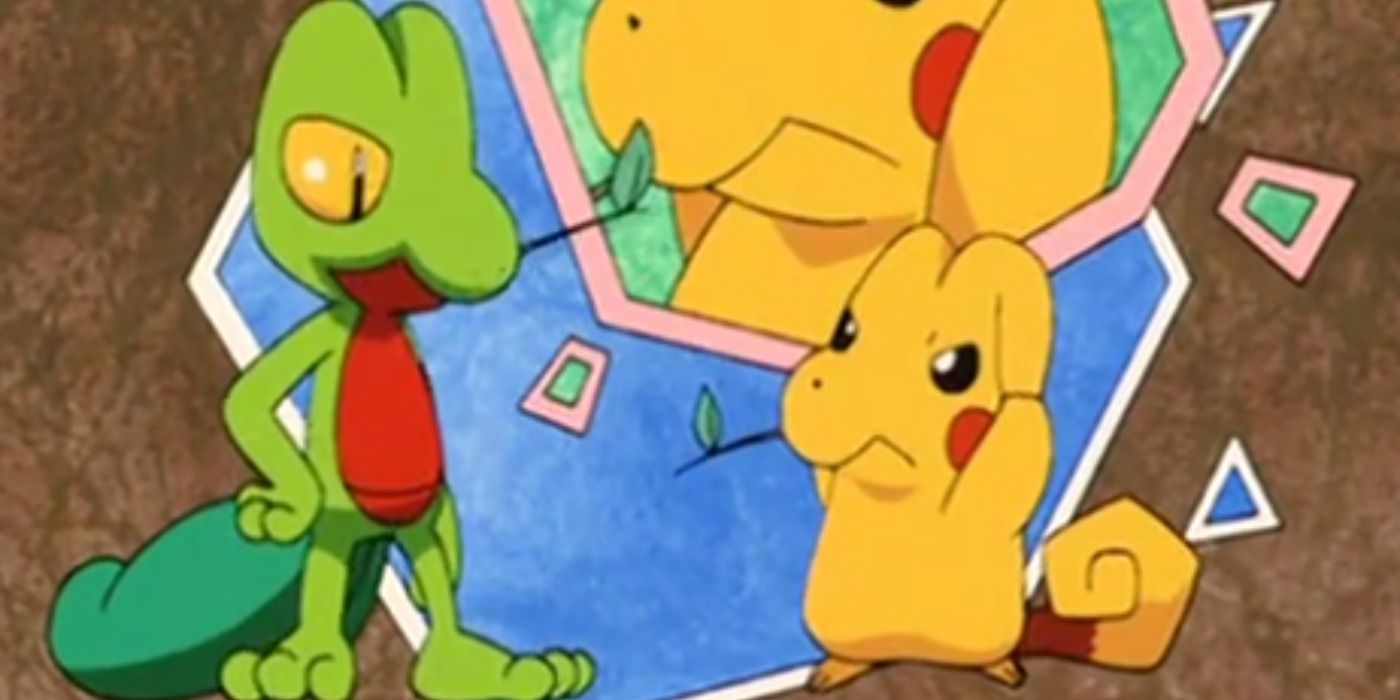 An image of Pikachu imitating Treecko next to Ash's Treecko.