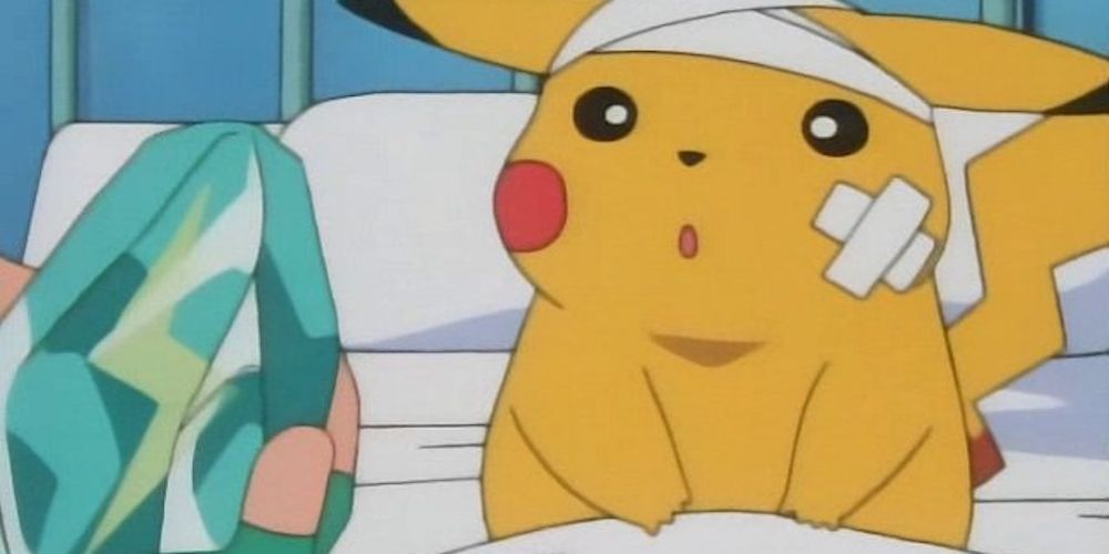 An injured Pikachu Considers the Thunder Stone in the Pokemon anime