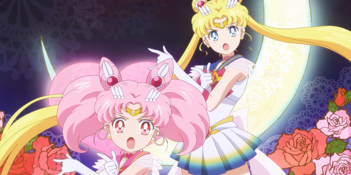 Pretty Guardian Sailor Moon, Super Sailor Moon, and Super Sailor Chibi Moon from Sailor Moon.