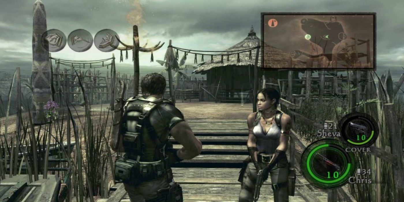 Gameplay from Resident Evil 5; characters on a dock.