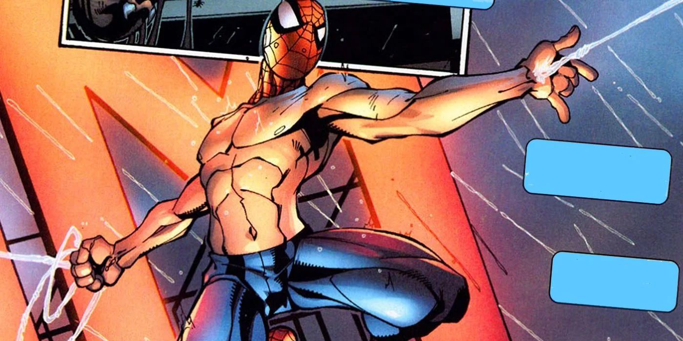 Spider-Man swinging without a shirt on