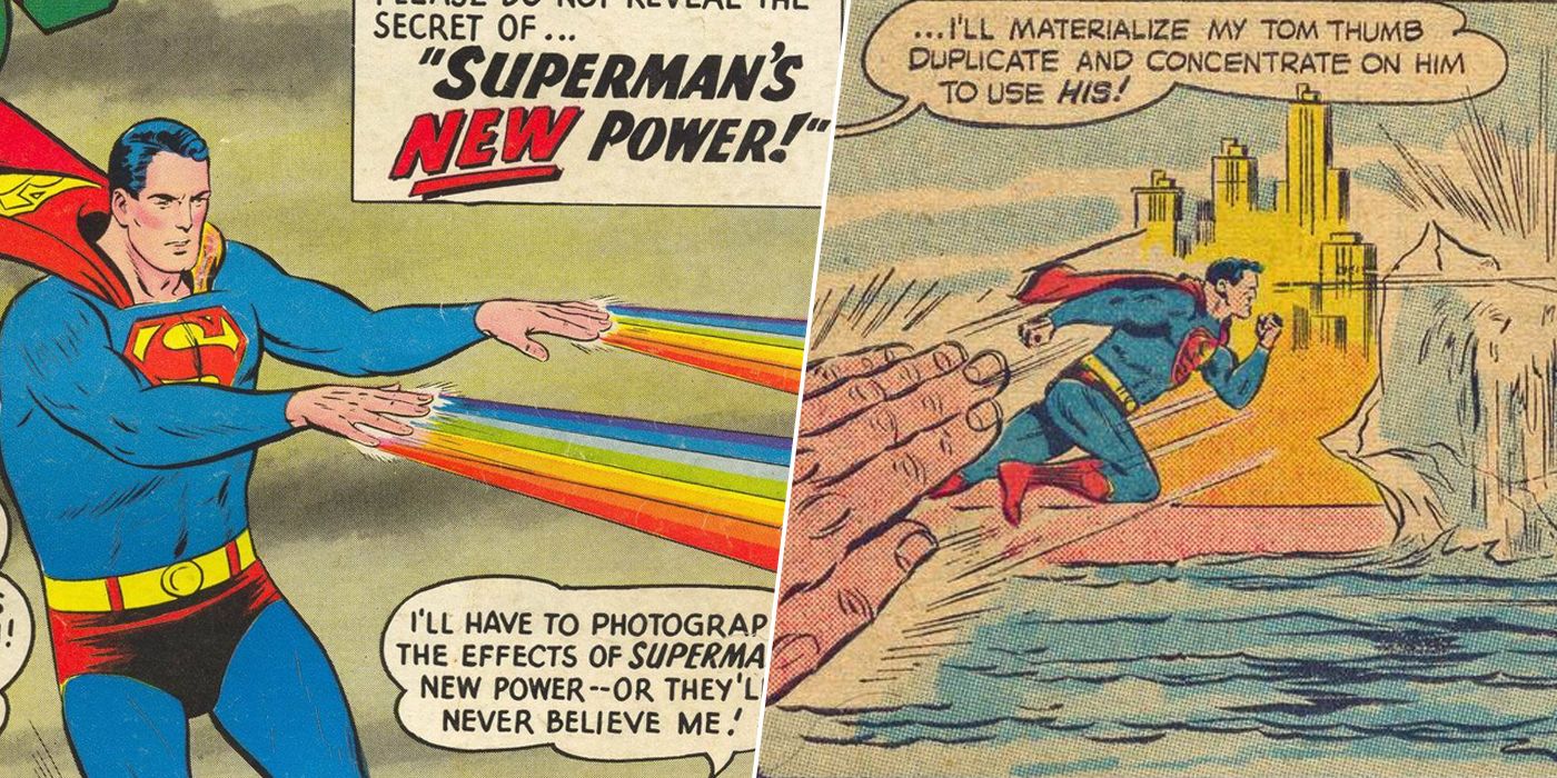 Superman shooting rainbows from his fingers/a miniature version of himself rushes out of his hand