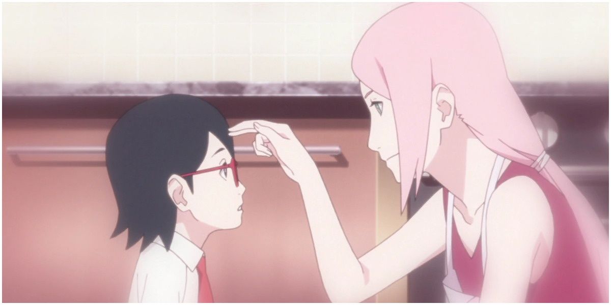 Sakura taps Sarada's forehead