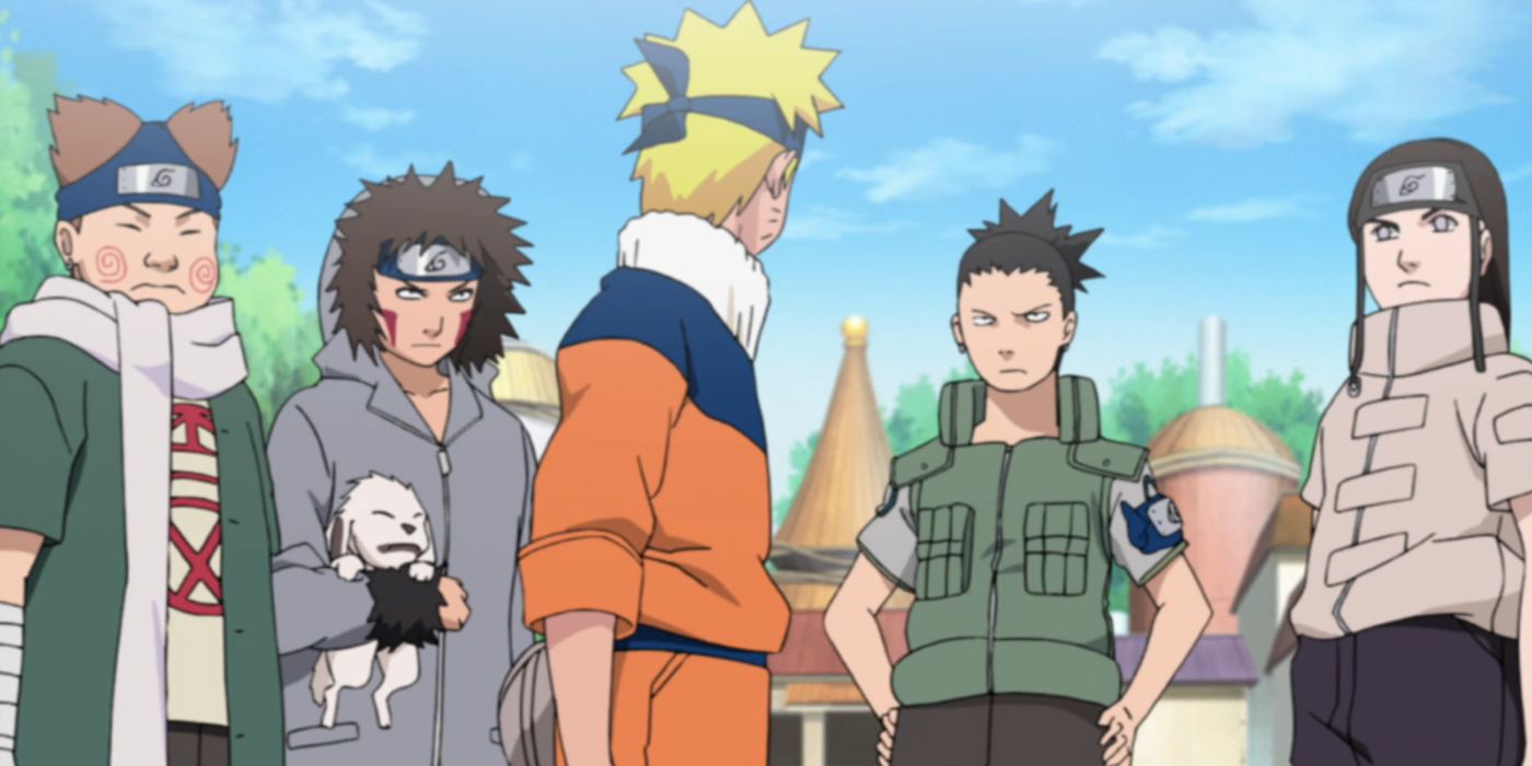 Naruto, Choji, Kiba, Shikamaru, and Neji prepare to leave for their Sasuke Recovery Mission