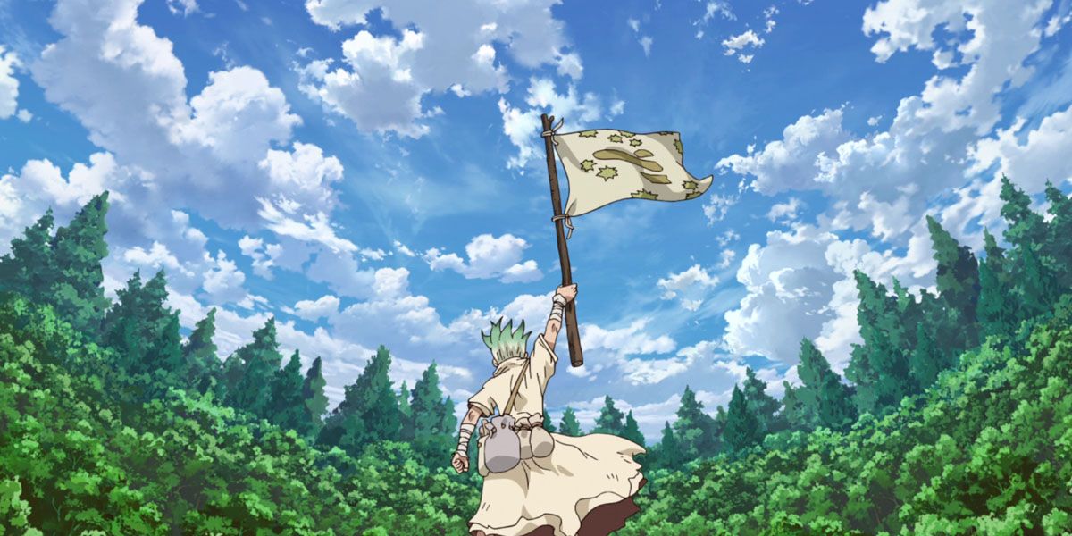 Senku holds up his flag