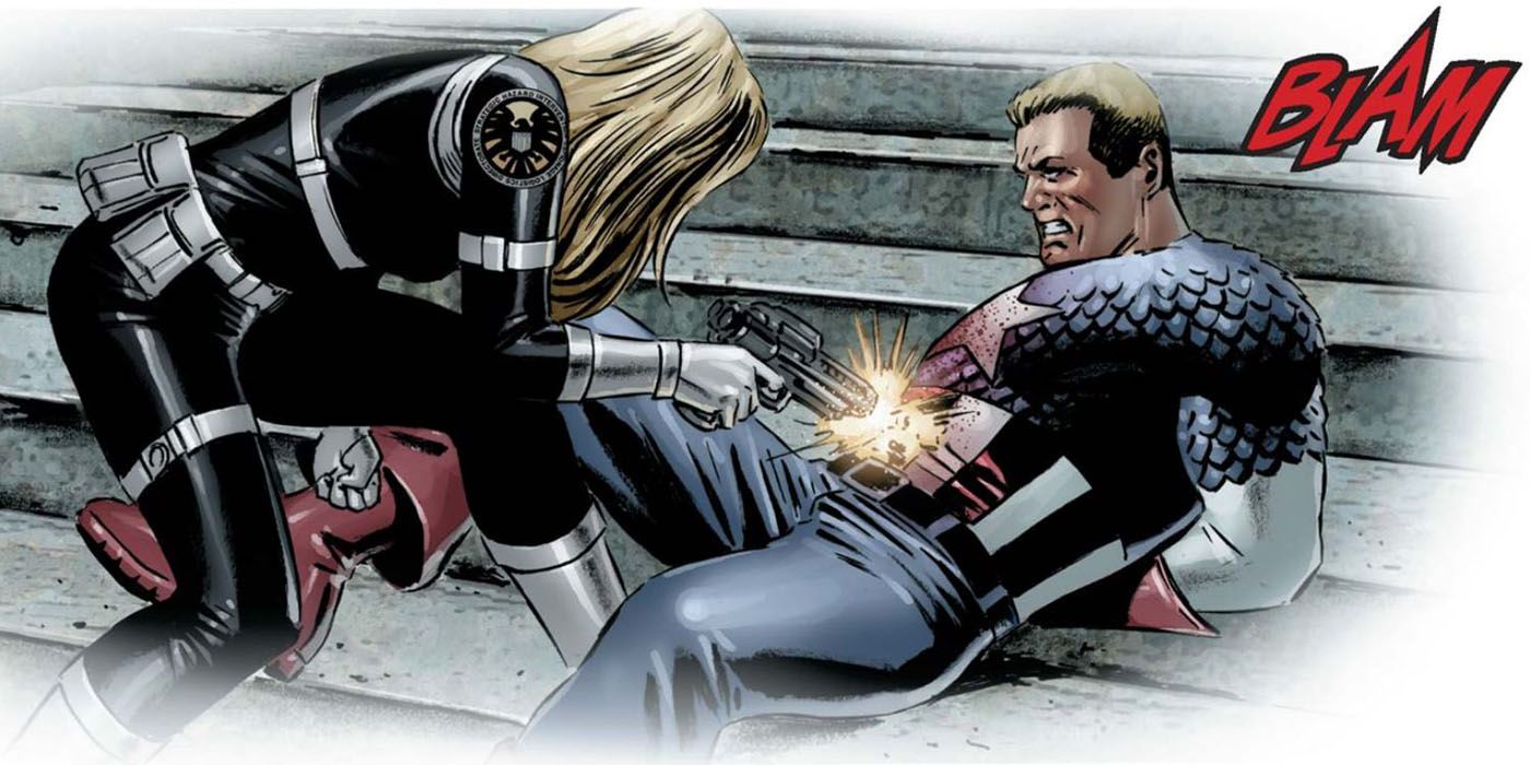 Sharon Carter shoots Captain America.