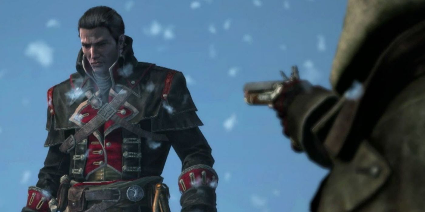 Shay Cormac with a gun pointed at him in Assassin's Creed: Rogue