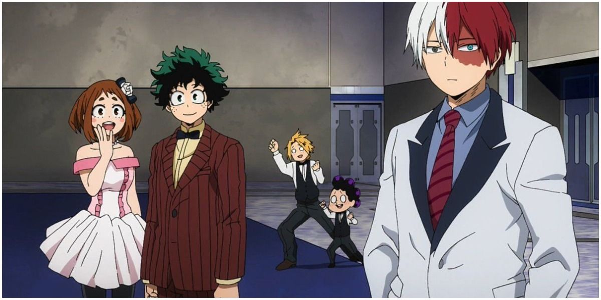 Shoto in a white suit, Ochaco in a dress, Deku in a suit, denki and mineta in the background