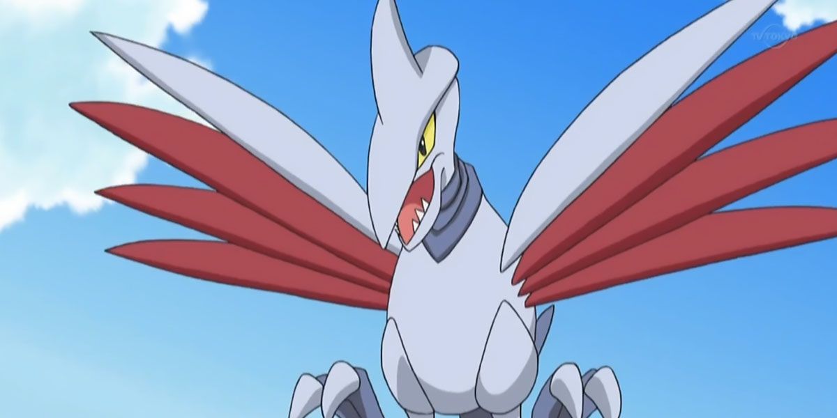 Skarmory flying in the air in the pokémon anime