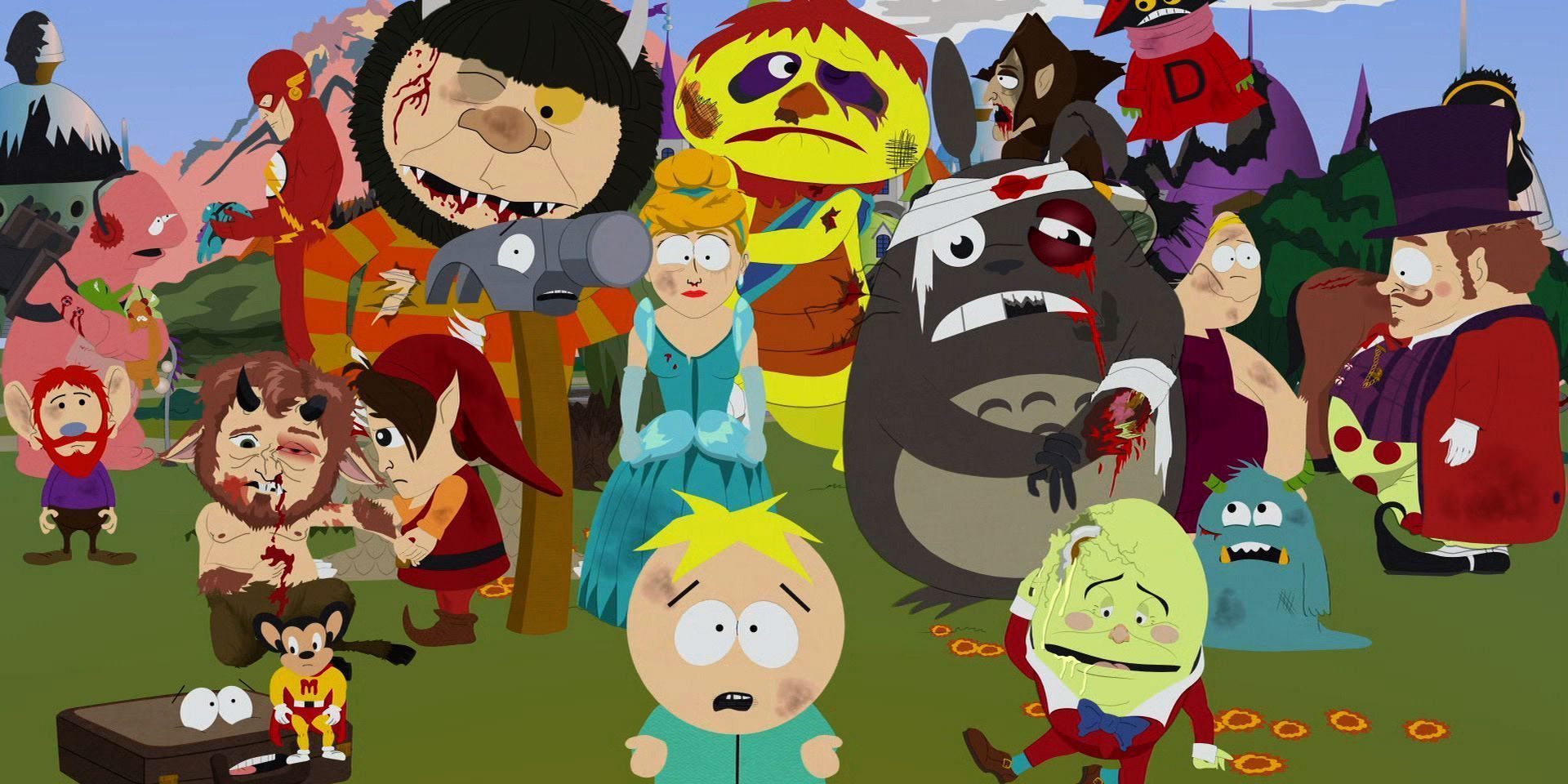 Butters runs away from a slew of fictional creatures in Imaginationland in South Park