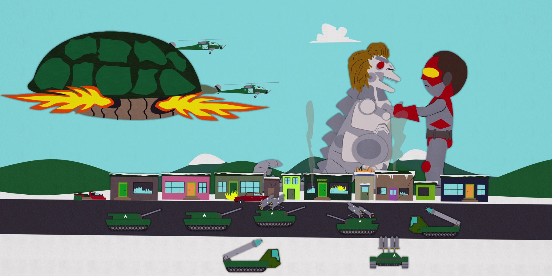 A kaiju fight in South Park