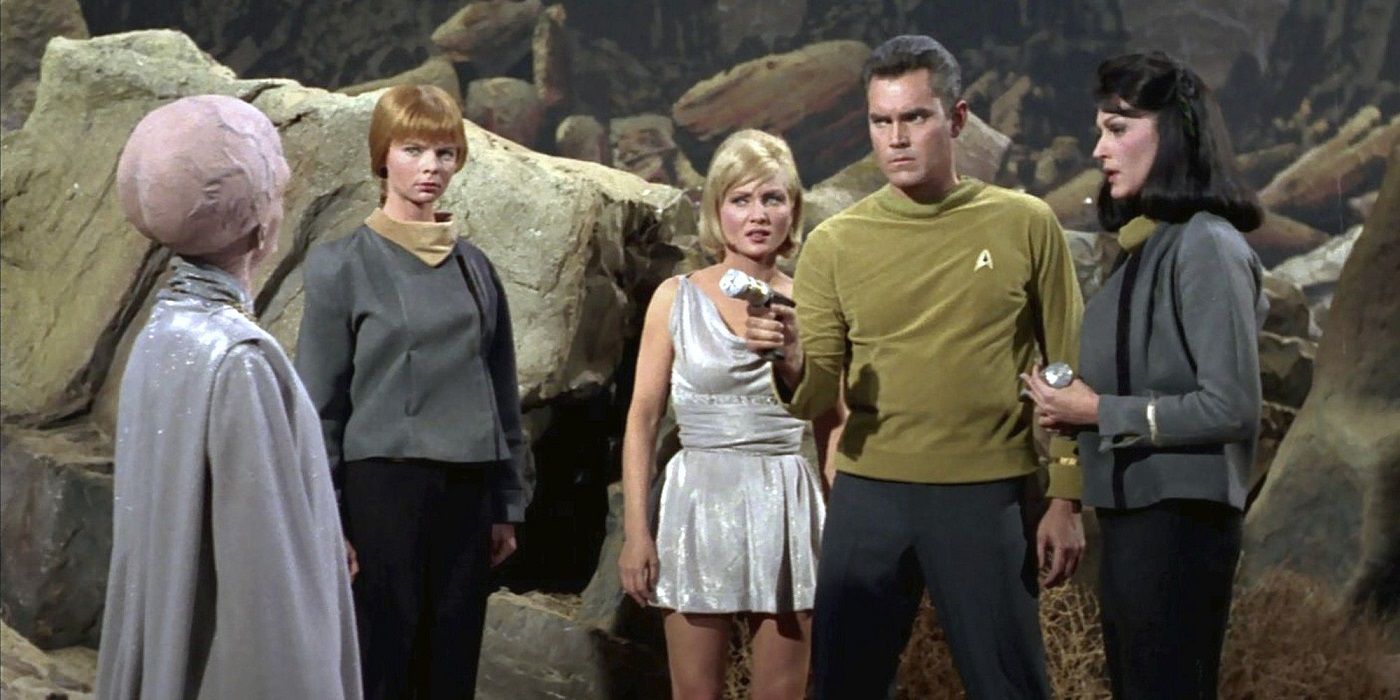  Captain Pike (Jeffery Hunter) and Number One (Majel Barrett) face off against a Talosian in Star Trek's original pilot 