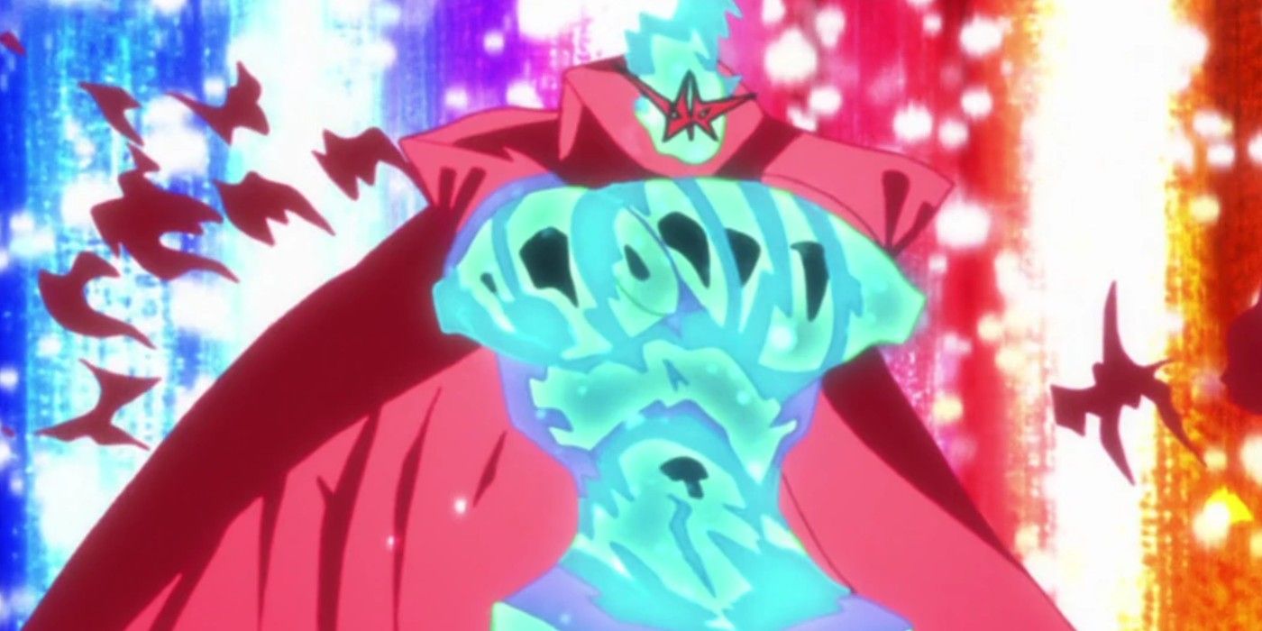 The Super Tengen Toppa Gurren Lagann from Tengen Toppa Gurren Lagann, standing with his arms folded while energy explodes behind it.