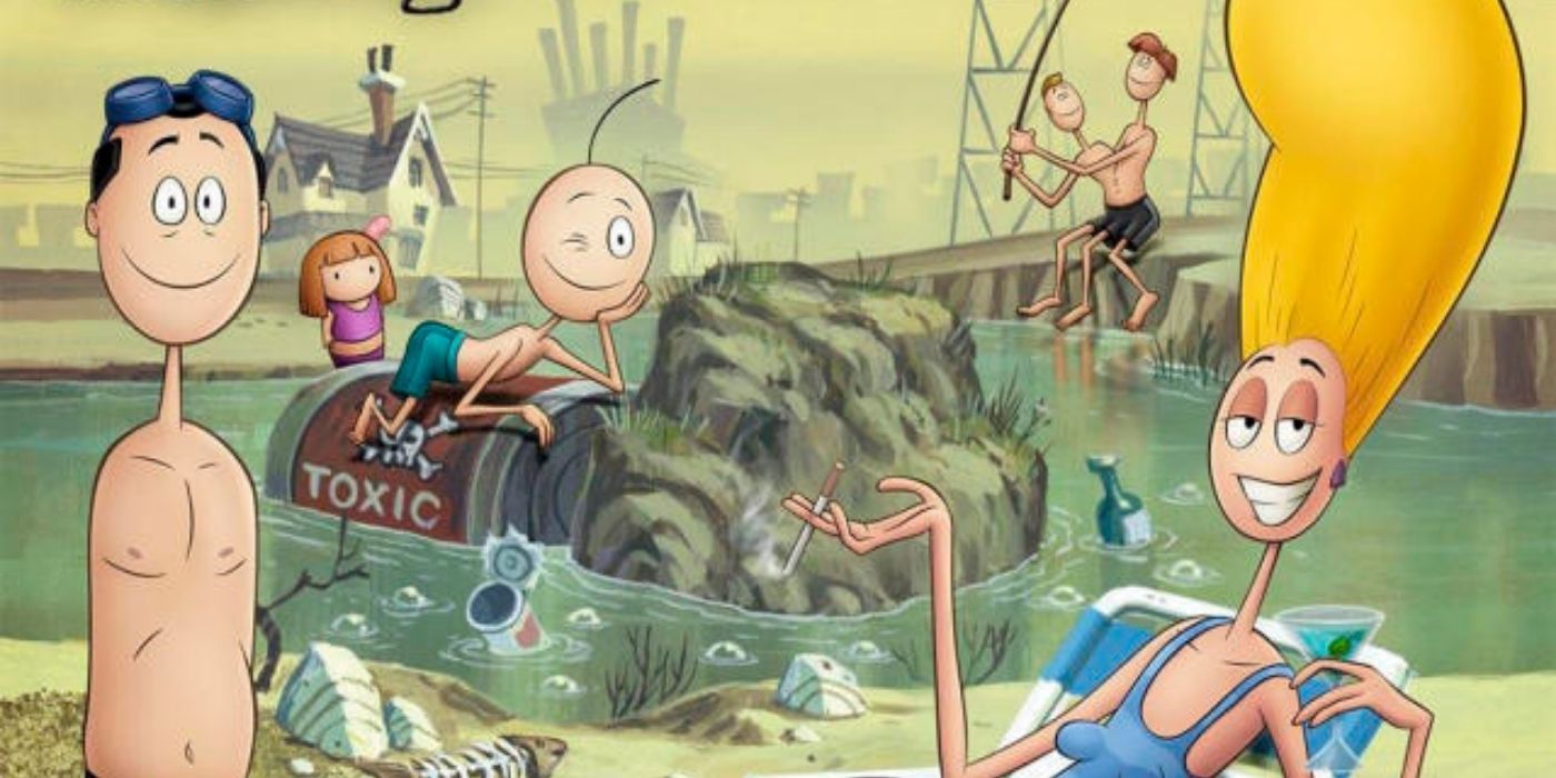 The Oblongs playing around near toxic water in promotional art.
