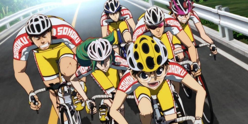 Yowamushi Pedal Sohoku High School club biking together.