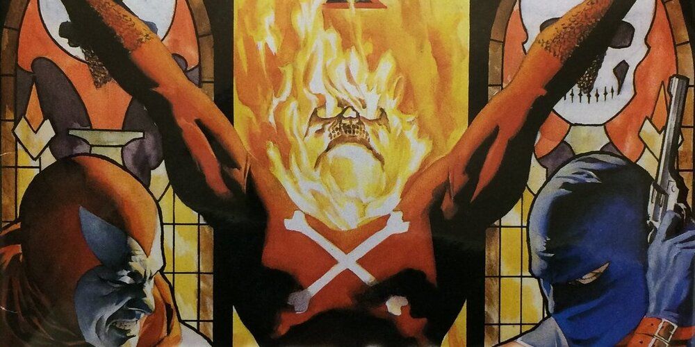 The Blazing Skull with his arms up in the cover of Midnight Sons Unlimited #9