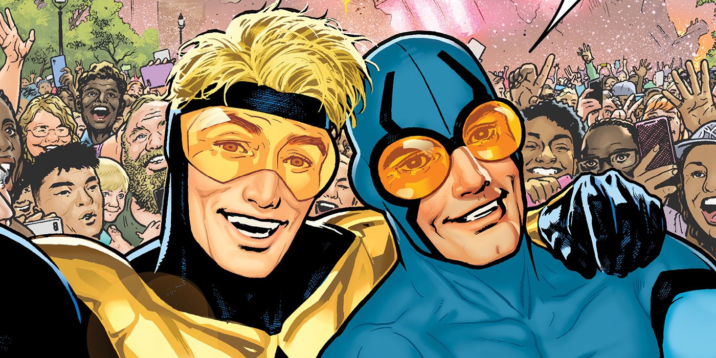 Booster Gold and Blue Beetle hanging out in a crowd of people