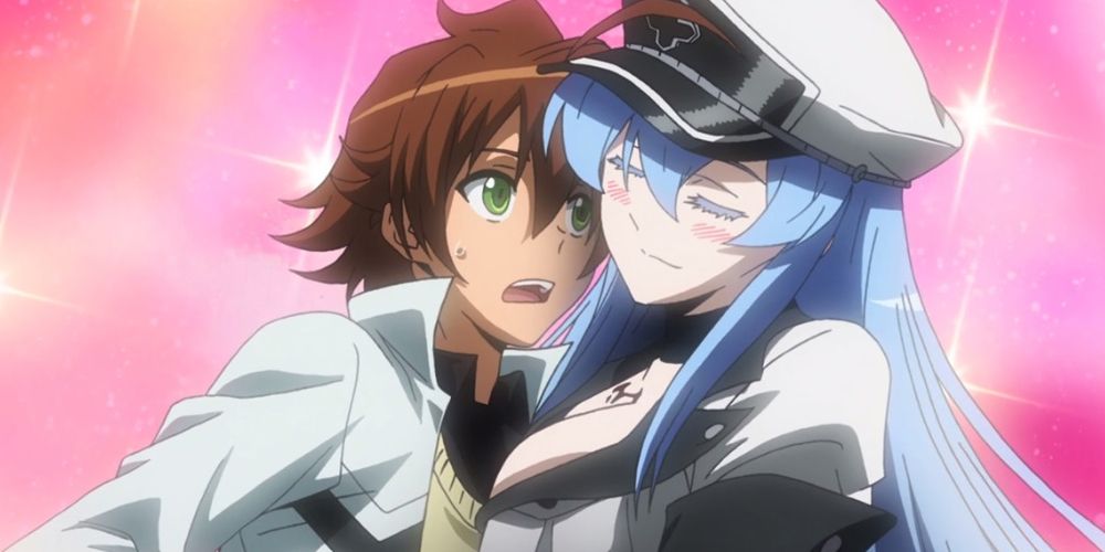 An eager esdeath and an unfomfortable tatsumi embracing from Akgami ga Kill