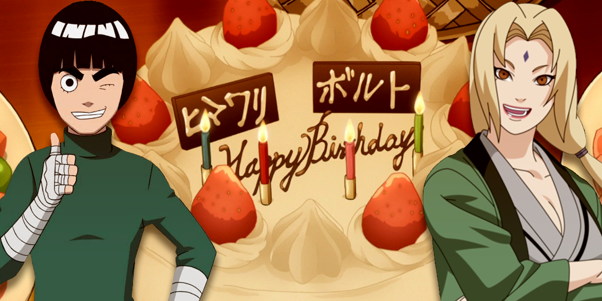 Rock Lee and Lady Tsunade standing in front of a birthday cake lit with candles