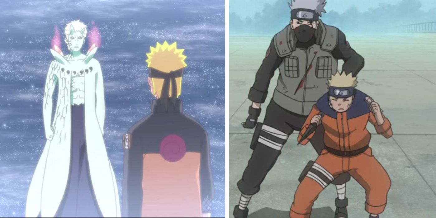 a split image featuring naruto talking to obito on the left and naruto talking to zabuza on the right