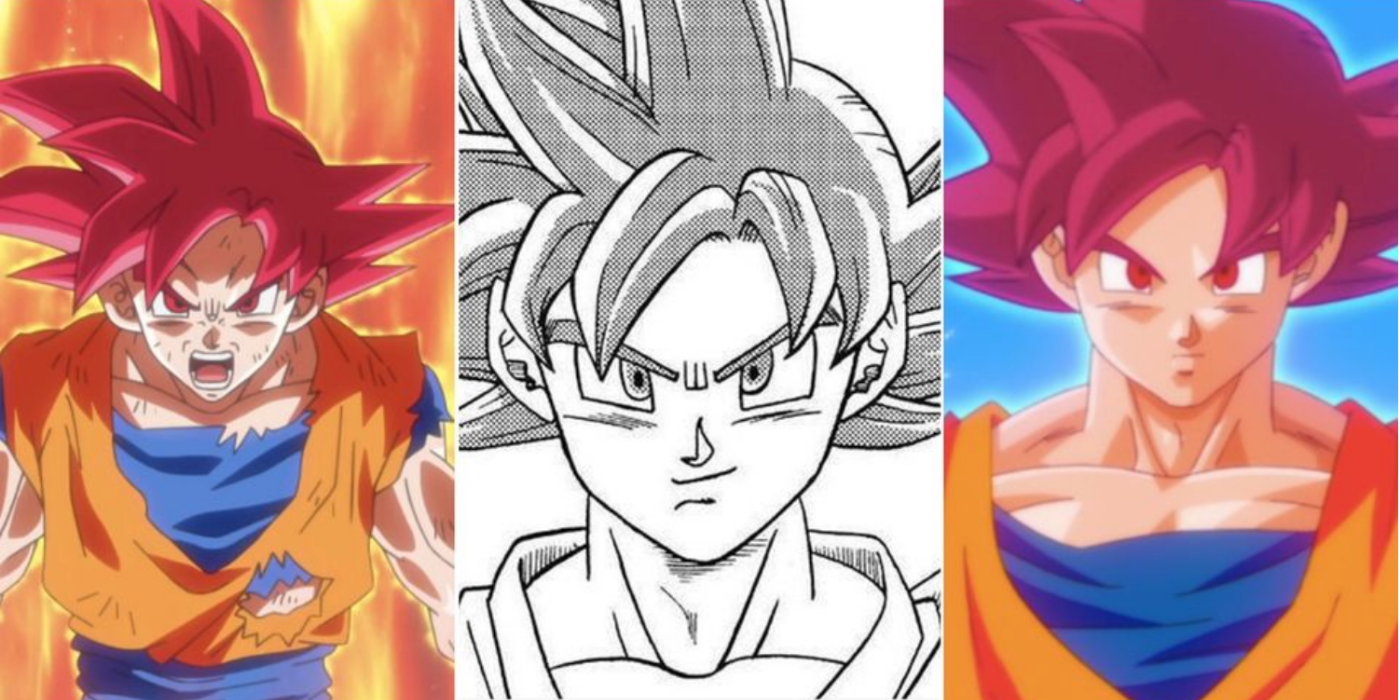 Goku transforming into super saiyan god, dragon ball z