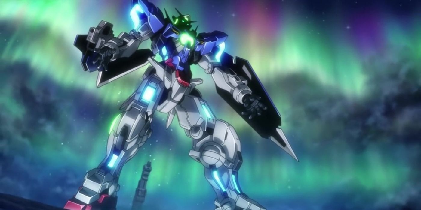 Um mecha em frente às luzes do norte de Gundam Build Fighters: Battlogue (2017).