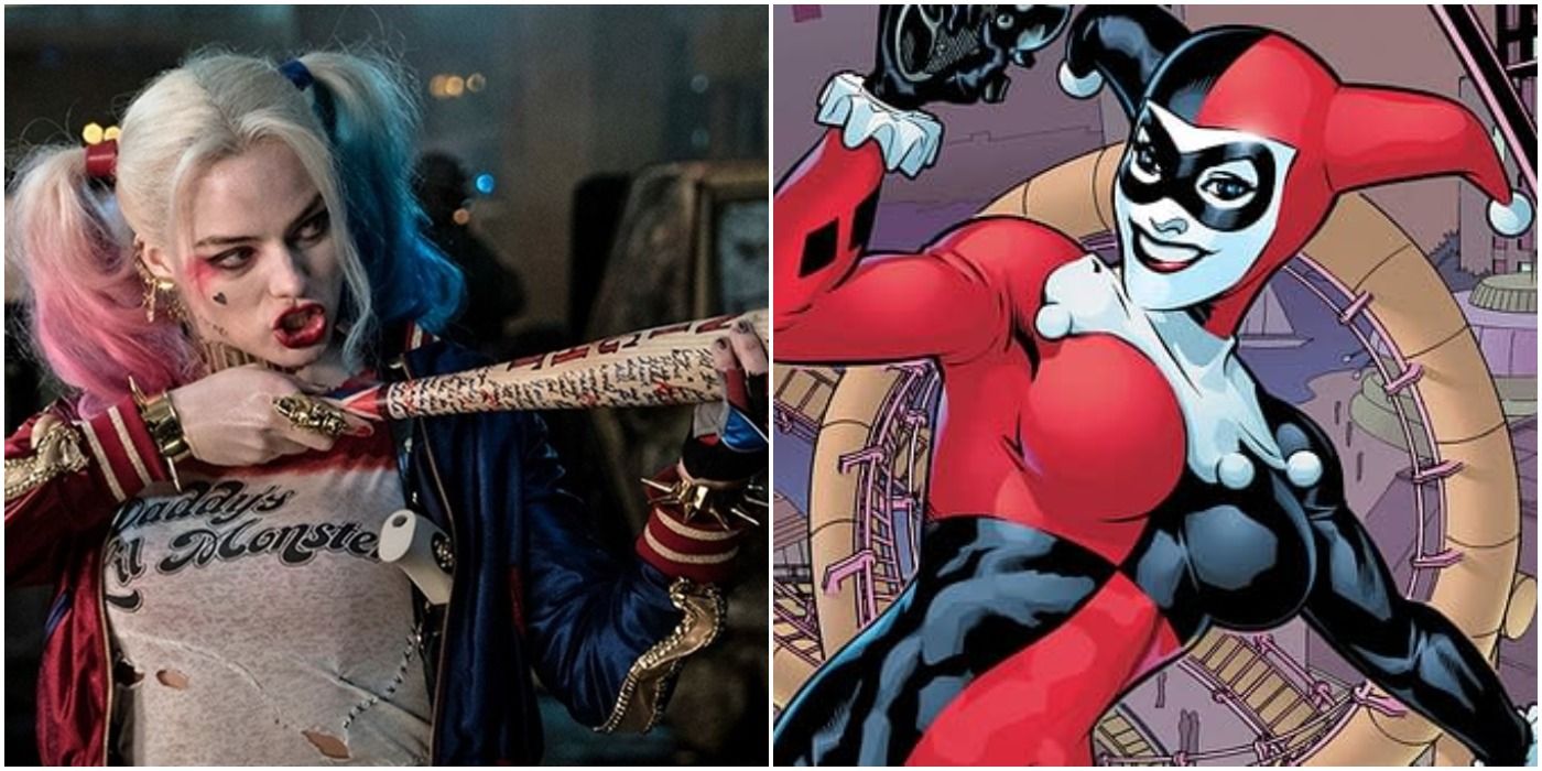 Live action Harley and classic comic split image