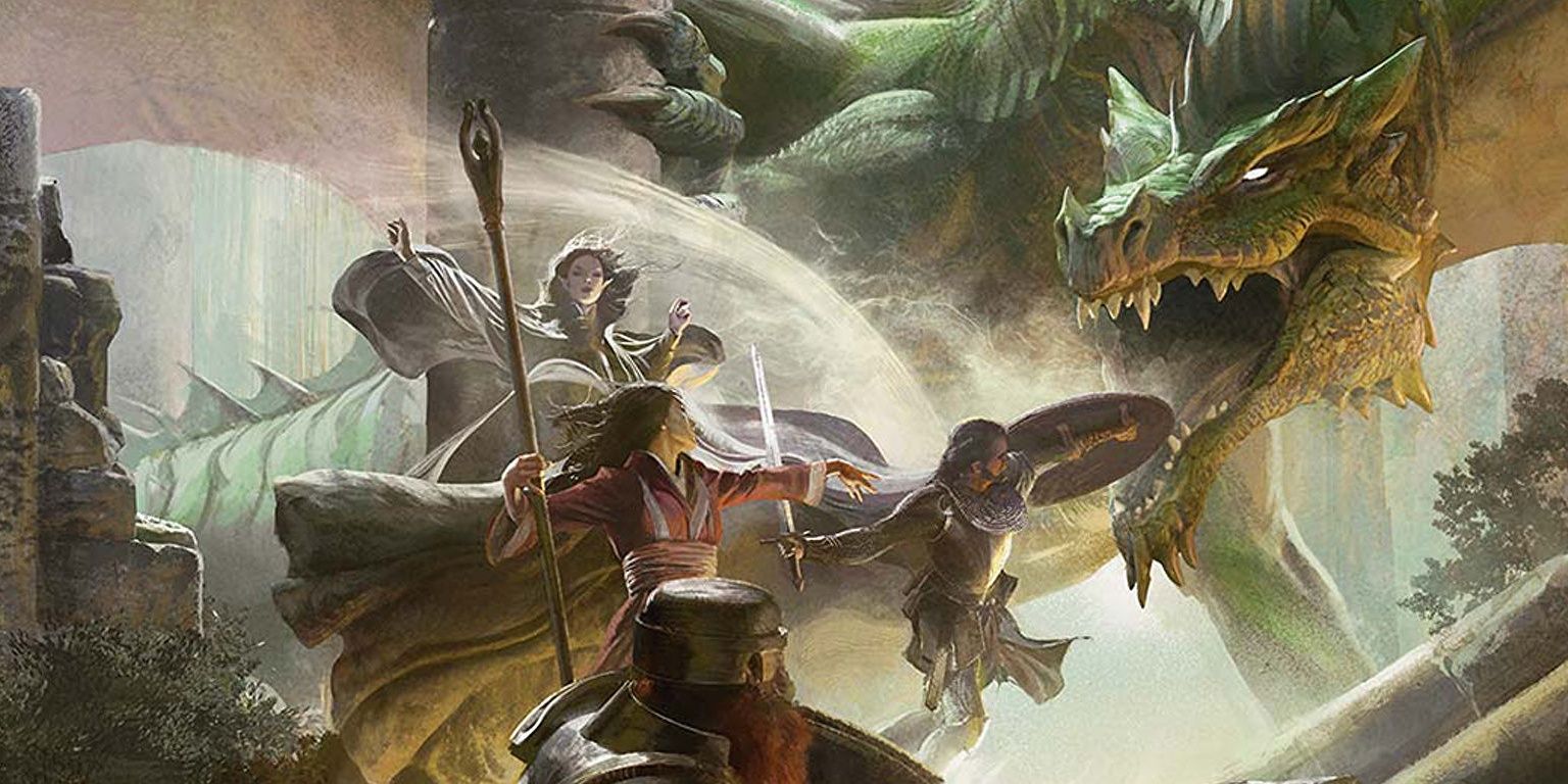 Adventurers facing a dragon in Lost Mine of Phandelver beginner DnD campaign.