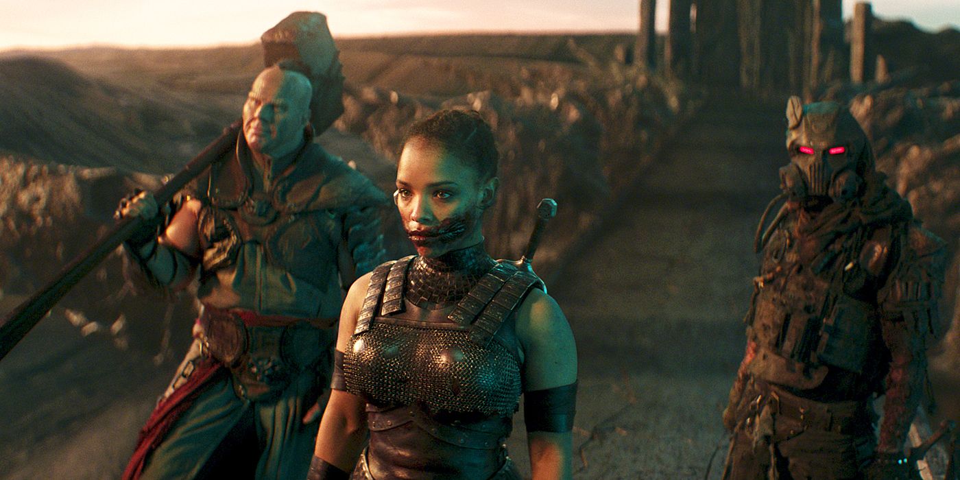 NATHAN JONES as Reiko, SISI STRINGER as Mileena and DANIEL NELSON as Kabal in Mortal Kombat (2021)