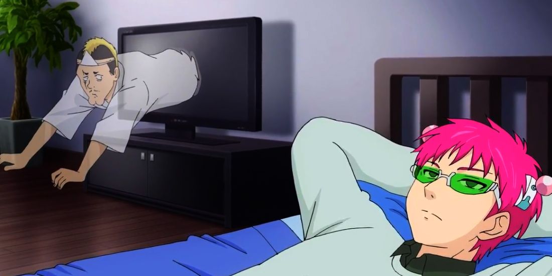 Saiki relaxing as Nendou's father ghost comes out of the TV in The Disastrous Life of Saiki K