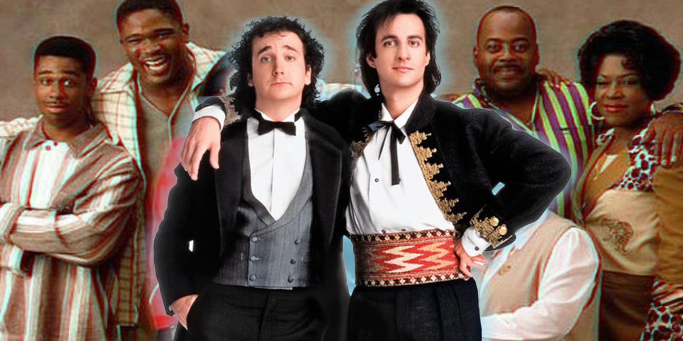 The stars of Perfect Strangers in front of Family Matters cast