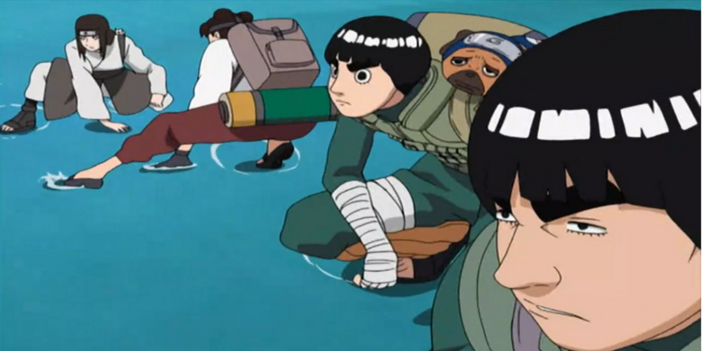 5 rock lee might guy neji and tenten sitting on water