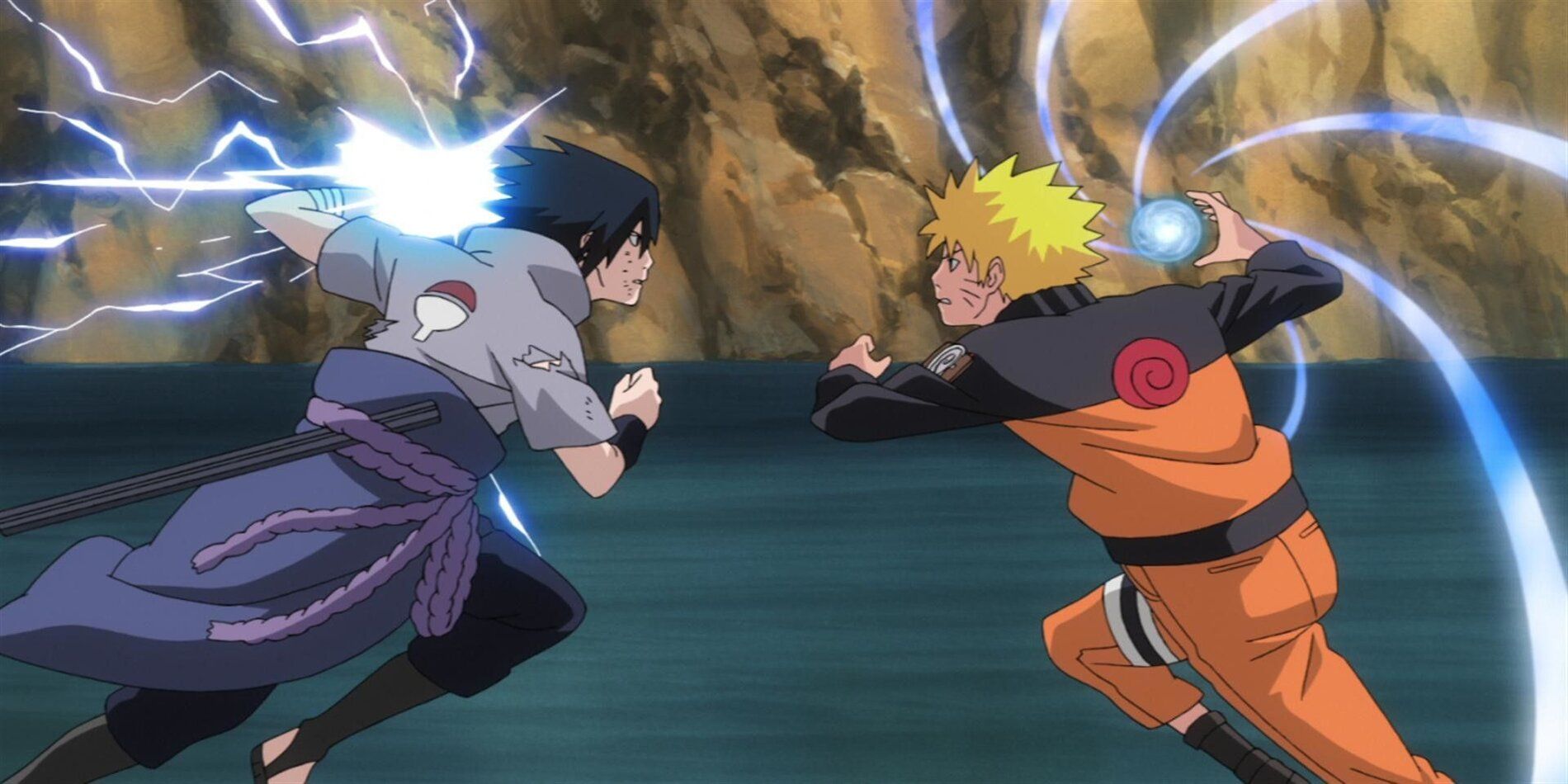 Sasuke and Naruto fighting with Chidori and Rasengan in Naruto.