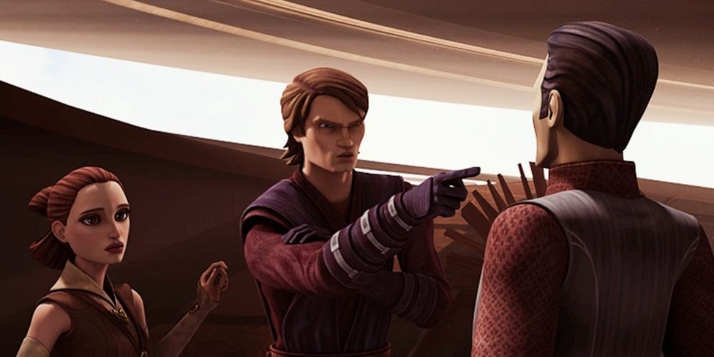 Padme trying to stop Anakin menacing Rush Clovis in Star Wars: The Clone Wars
