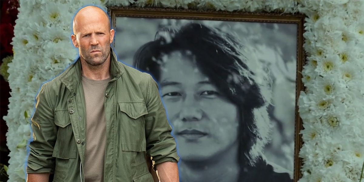 Deckard Shaw (Jason Statham) stands in front of a memorial of Han in Fast and Furious 9
